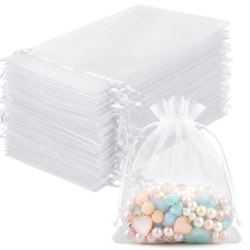FUNFERY 100 Pcs White Organza Bags 3x4 in, Small Mesh Drawstring Gift Bags for Sachet, Jewelry, Wedding Favor, Candy Goodie Treat Bag,Easter Day - Image 1