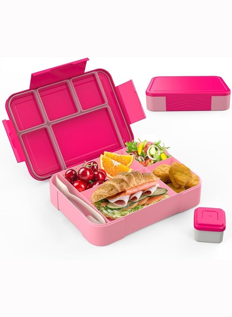 صندوق غداء بينتو للأطفال والكبار، حاويات صندوق غداء مع أدوات مائدة للأولاد والبنات، مانع للتسرب، يمكن وضعه في الميكروويف وغسالة الأطباق والفريزر، خالٍ من مادة بيسفينول أ (وردي)