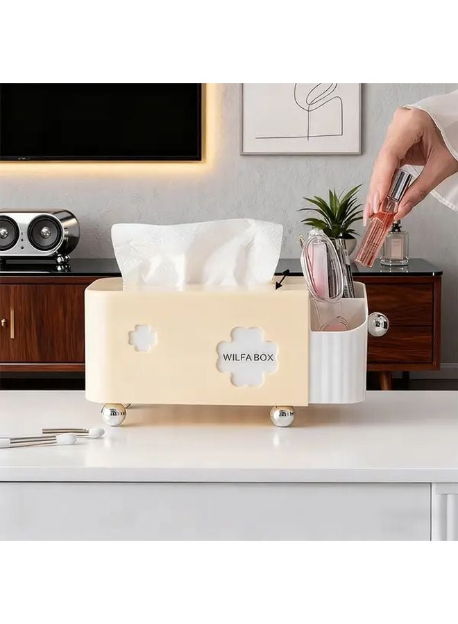 صندوق مناديل كريمي أصفر ثنائي الوظيفة مع أقسام تخزينية وغطاء شفاف - Image 4