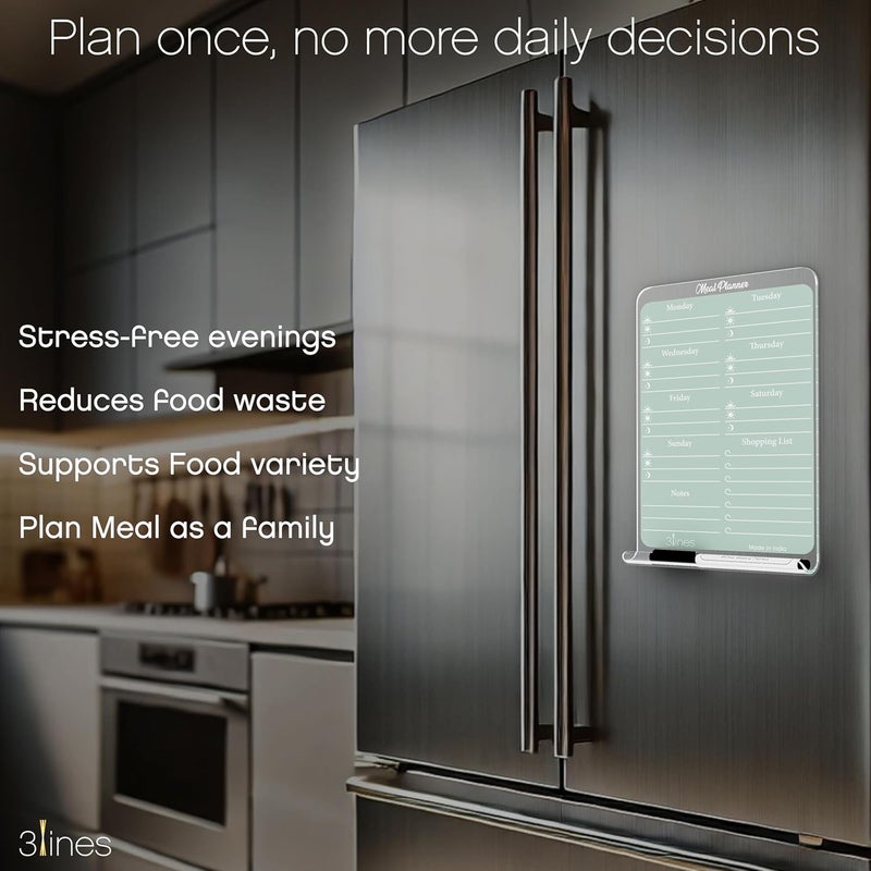 3 Lines ClearBite Acrylic Magnetic Meal Planner Board | Sleek & Durable | Includes Marker & Duster | 24x16 CM | Perfect for Meal Planning, Shopping Lists, Notes | Ideal for Home, Office | Cardamom - Image 2