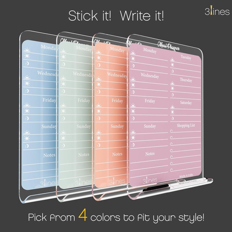 3 Lines ClearBite Acrylic Magnetic Meal Planner Board | Sleek & Durable | Includes Marker & Duster | 24x16 CM | Perfect for Meal Planning, Shopping Lists, Notes | Ideal for Home, Office | Cardamom - Image 3