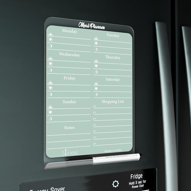 3 Lines ClearBite Acrylic Magnetic Meal Planner Board | Sleek & Durable | Includes Marker & Duster | 24x16 CM | Perfect for Meal Planning, Shopping Lists, Notes | Ideal for Home, Office | Cardamom - Image 1