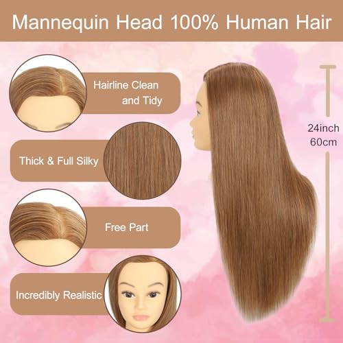 HAIRWAY Mannequin Head Human Hair 24 100 Human Hair Mannequin HeadCosmetology Mannequin Head Doll Head for Hair Styling Hairdresser Manikin Head with Free Clamp HolderLight Brown - Image 3