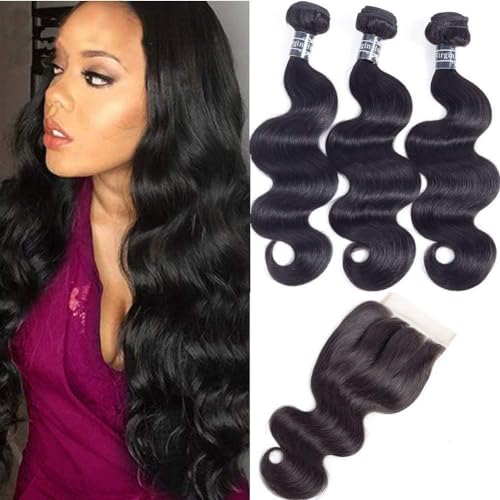 Amella Hair Brazilian Body Wave Virgin Hair 3 Bundles with Closure 10 12 1410 Closure Three Part 8A Unprocessed Human Hair Bundles with Closure Wet and Wavy Hair Extensions
