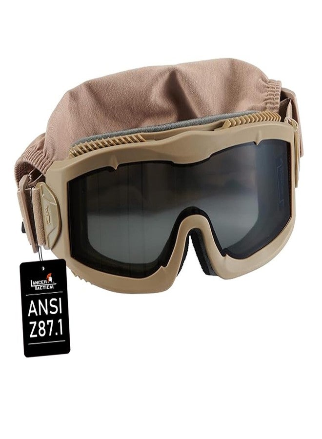 Lancer Tactical AERO 3mm Thick Dual Pane Lens Eye Protection Safety Goggle System ANSI Z87 1 Rated Industry Standard Panel Ventilated w/Anti-Scratch Shield Fully Adjustable (Tan, Smoke) - Image 1