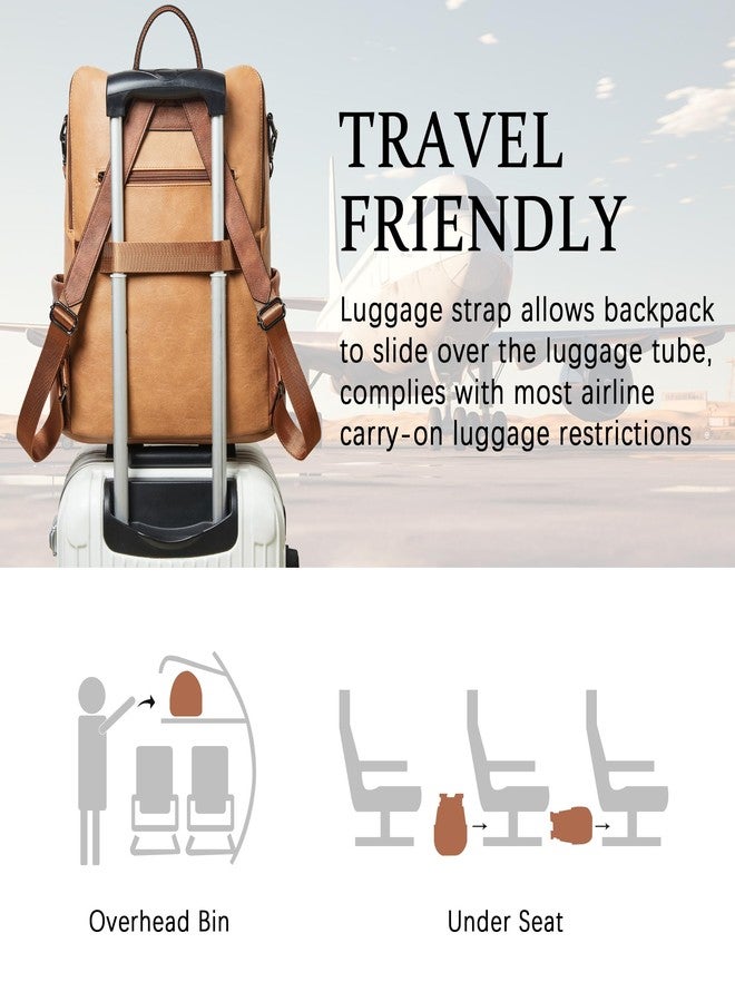 Shrrie Vegan Leather Laptop Backpack for Women 14 inch Work Backpack Fashion Travel Backpack Purse for Business College, 1 Camel With Brown, Classic, Modern - Image 5