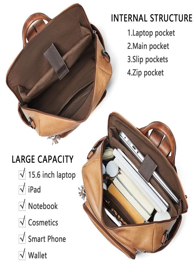 Shrrie Vegan Leather Laptop Backpack for Women 14 inch Work Backpack Fashion Travel Backpack Purse for Business College, 1 Camel With Brown, Classic, Modern - Image 4