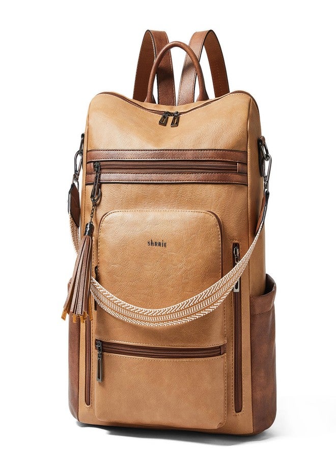 Shrrie Vegan Leather Laptop Backpack for Women 14 inch Work Backpack Fashion Travel Backpack Purse for Business College, 1 Camel With Brown, Classic, Modern - Image 1
