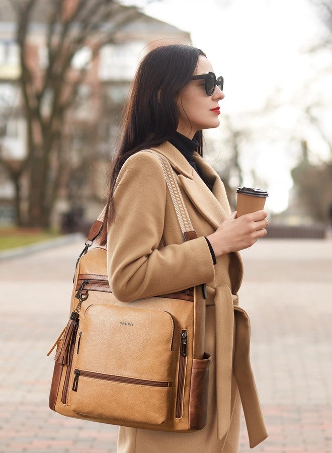 Shrrie Vegan Leather Laptop Backpack for Women 14 inch Work Backpack Fashion Travel Backpack Purse for Business College, 1 Camel With Brown, Classic, Modern - Image 2