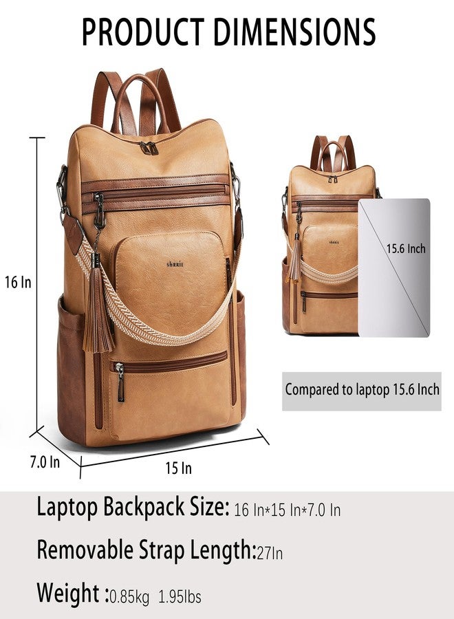 Shrrie Vegan Leather Laptop Backpack for Women 14 inch Work Backpack Fashion Travel Backpack Purse for Business College, 1 Camel With Brown, Classic, Modern - Image 3