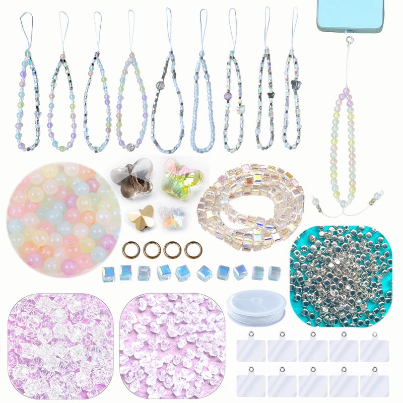 AOUXSEEM Beaded Mobile Phone Chains Making Kit, Can Make 10 Pcs Cell Phone Wrist Straps, Assorted Crystal Diamond/Butterfly/Metal/Round Beads for Girls DIY Handmade Gifts - Image 1