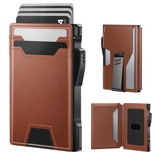 typecase محفظة نوع كيس للرجال: مانعة لتقنية RFID مع مشبك نقود جلد رقيق قابل للطي مع نافذة هوية وحافظة بطاقات ذكية قابلة للظهور لمحفظة جيب أمامية مع علبة هدايا (بني فاتح) - Image 1