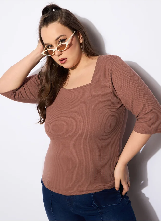 ساسافراس Plus Size Ribbed Square Neck Top