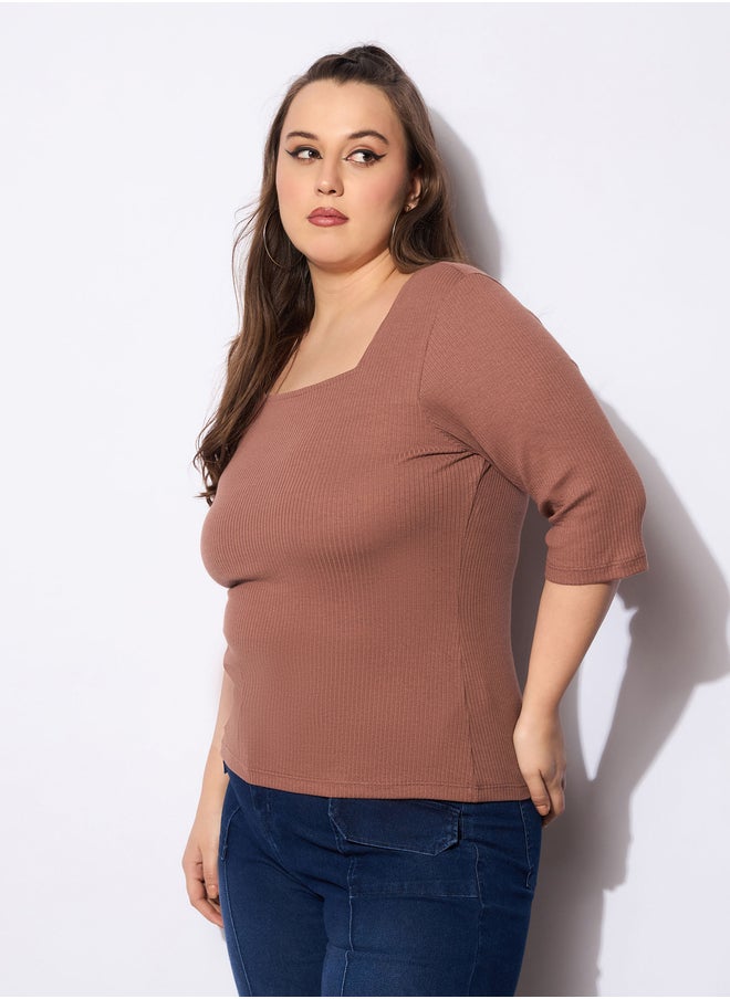 SASSAFRAS Plus Size Ribbed Square Neck Top  - Image 3