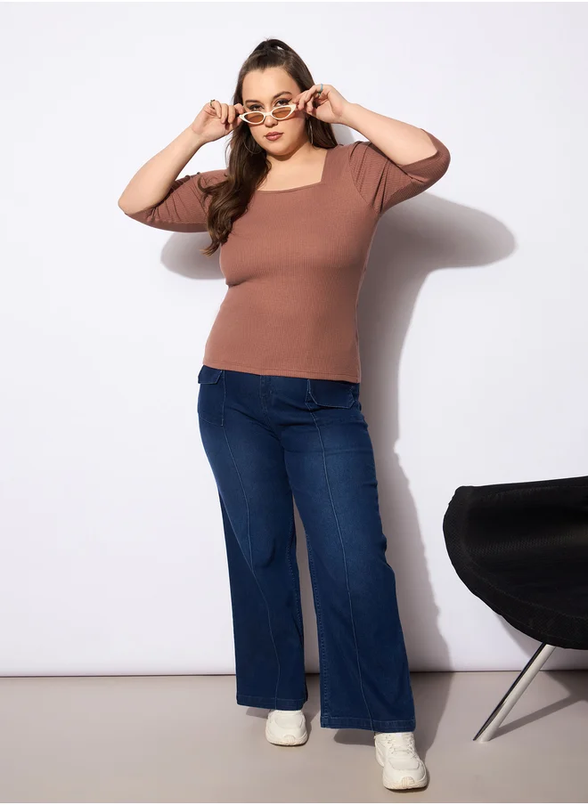 ساسافراس Plus Size Ribbed Square Neck Top