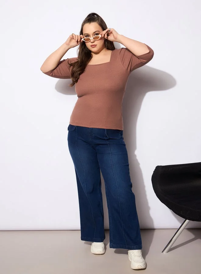 SASSAFRAS Plus Size Ribbed Square Neck Top