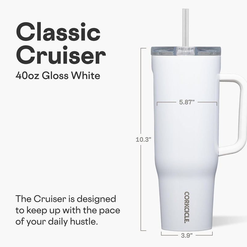 كوركسيكل كوب كوركسيكل كروزر المعزول - يحافظ على المشروبات باردة لمدة 20 ساعة - فولاذ مقاوم للصدأ ثلاثي العزل - غطاء مانع للانسكاب - هدية صيفية لأدوات الشرب - يحافظ على المشروبات مثلجة - 40 أونصة - أبيض - Image 1