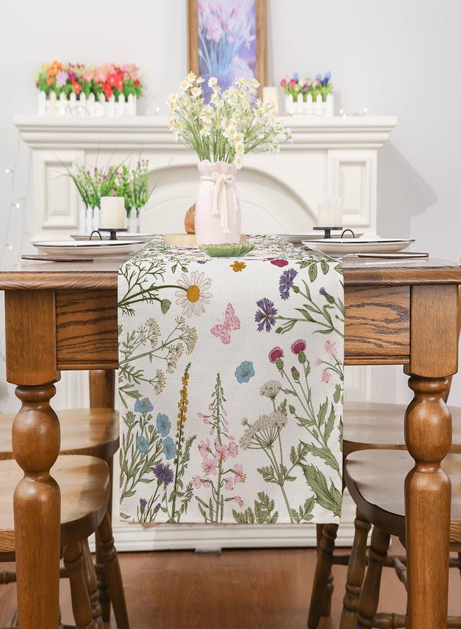 Siilues Spring Table Runner, Wildflowers Summer Decor Floral Butterfly Seasonal Kitchen Dining Table Decoration for Home 13x72 Inch - Image 3