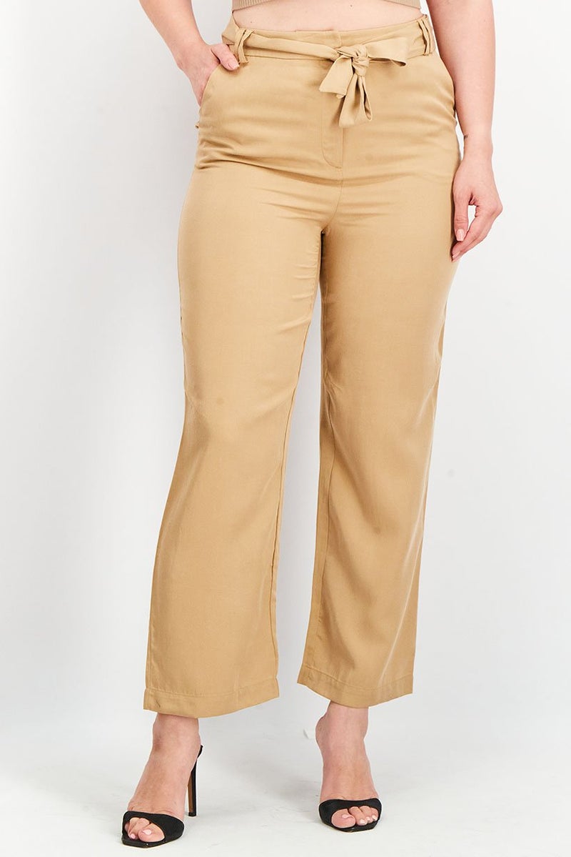 Tchibo Women Belted Solid Trouser Pants, Tan - Image 1