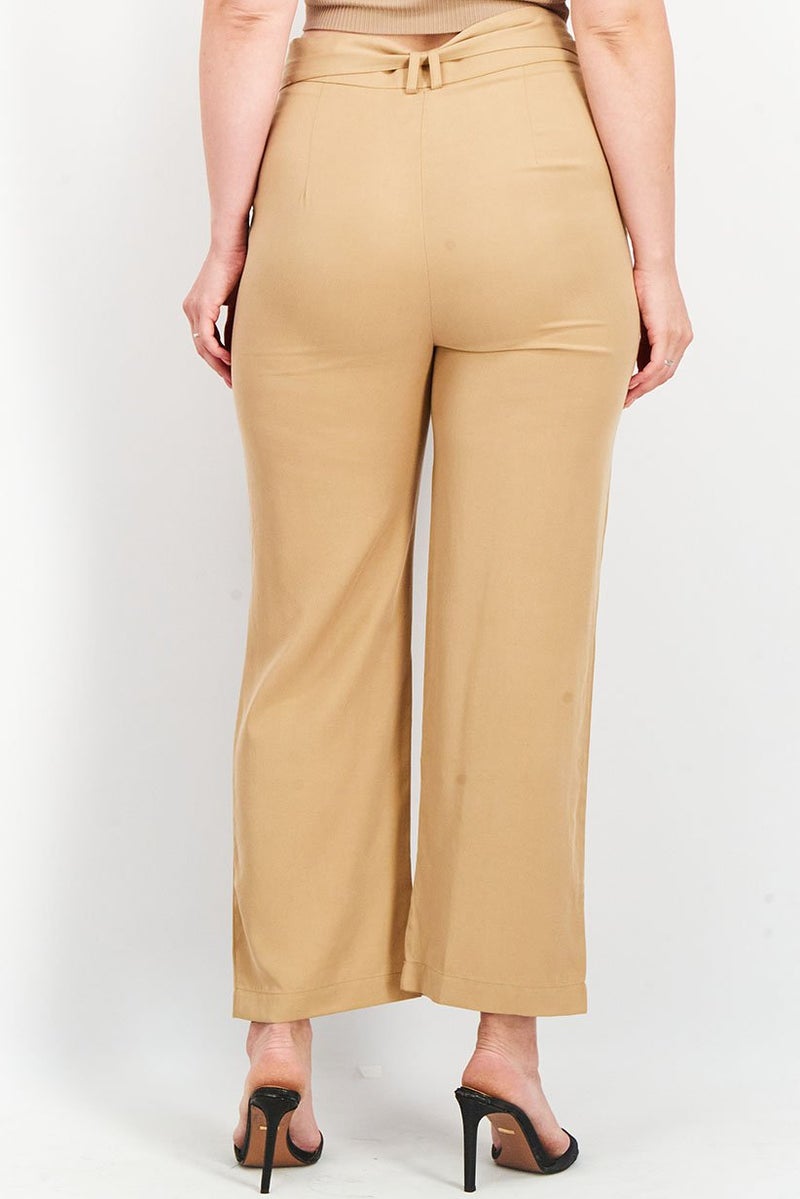 Tchibo Women Belted Solid Trouser Pants, Tan - Image 3