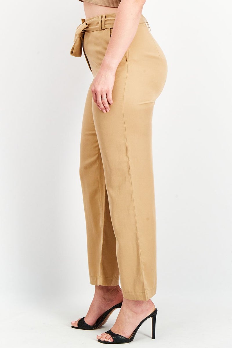 Tchibo Women Belted Solid Trouser Pants, Tan - Image 2