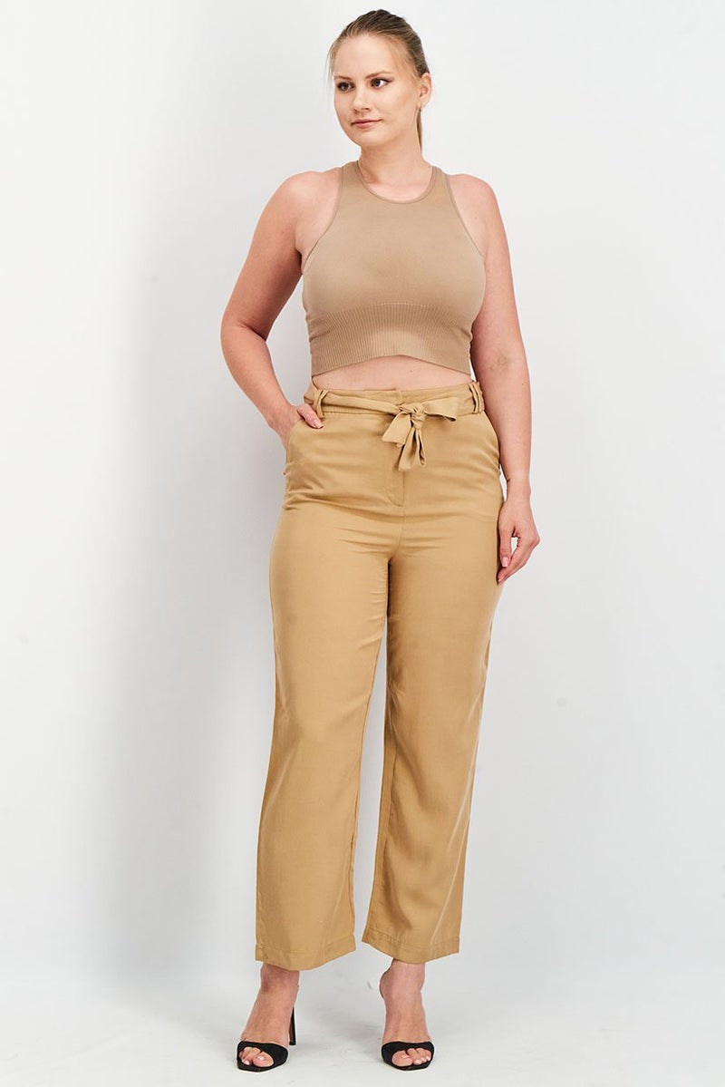 Tchibo Women Belted Solid Trouser Pants, Tan - Image 4