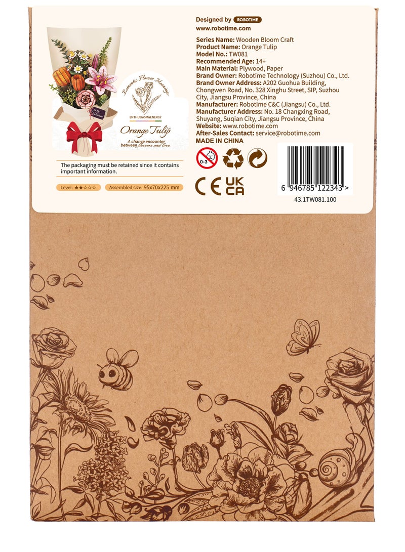 Robotime Rowood DIY Wooden Flower Orange Tulip TW081 Premium 3D Puzzle Building Kits for Adults & Teens - Decorative Home Décor, Ramadan & Holiday Gift (Eid and Birthday) for Puzzle Enthusiasts, Stress Relief STEM Project - Image 2
