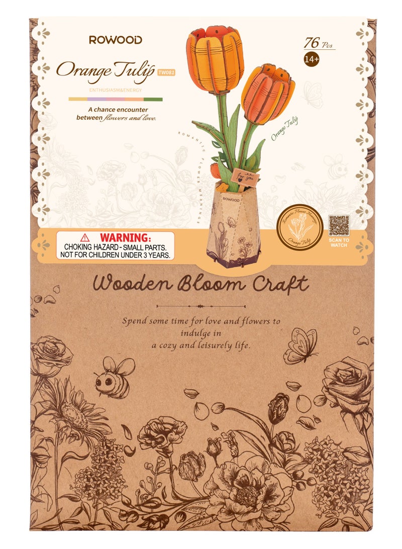 Robotime Rowood DIY Wooden Flower Orange Tulip TW081 Premium 3D Puzzle Building Kits for Adults & Teens - Decorative Home Décor, Ramadan & Holiday Gift (Eid and Birthday) for Puzzle Enthusiasts, Stress Relief STEM Project - Image 3