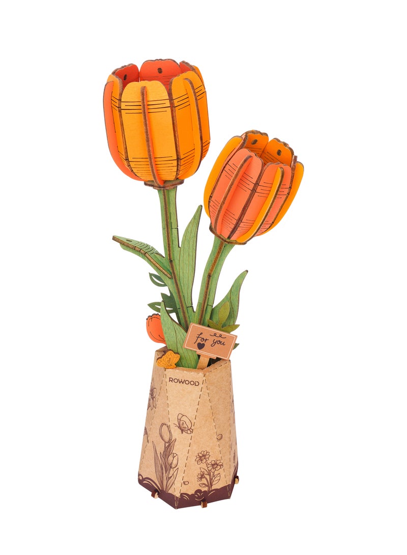 Robotime Rowood DIY Wooden Flower Orange Tulip TW081 Premium 3D Puzzle Building Kits for Adults & Teens - Decorative Home Décor, Ramadan & Holiday Gift (Eid and Birthday) for Puzzle Enthusiasts, Stress Relief STEM Project - Image 1