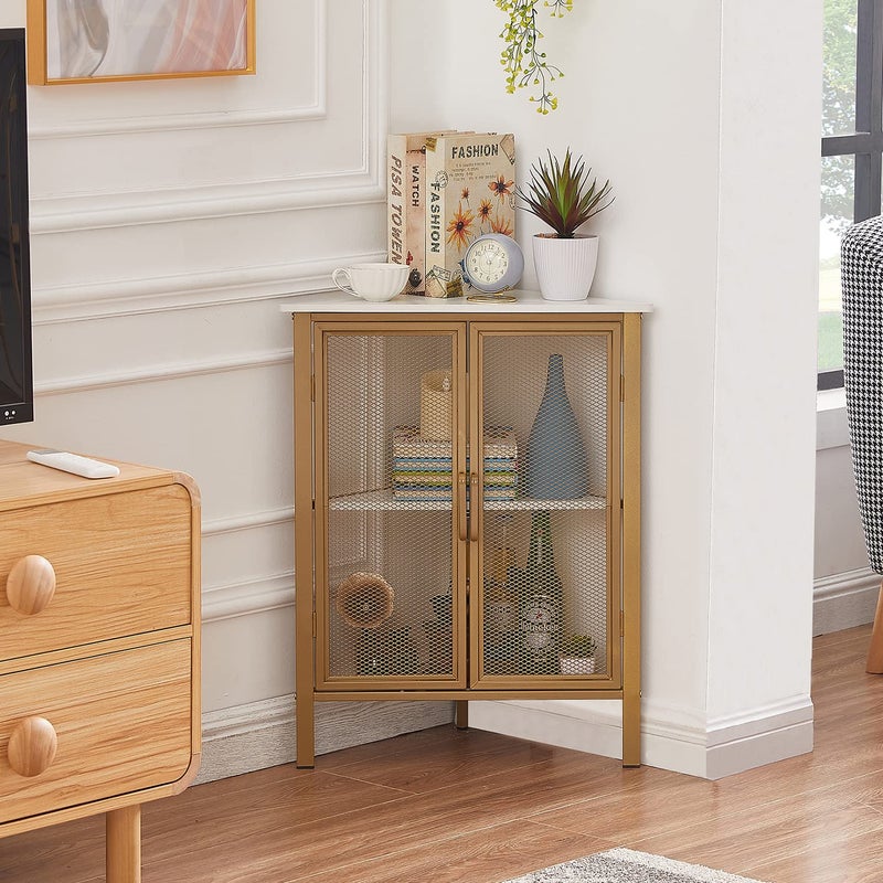VECELO Corner Cabinet/Table, 3-Tier Display Shelves with Protection Door, Metal Frame Storage Shelf Organizer for Small Space, Living Room, Kitchen, Bathroom - Image 1