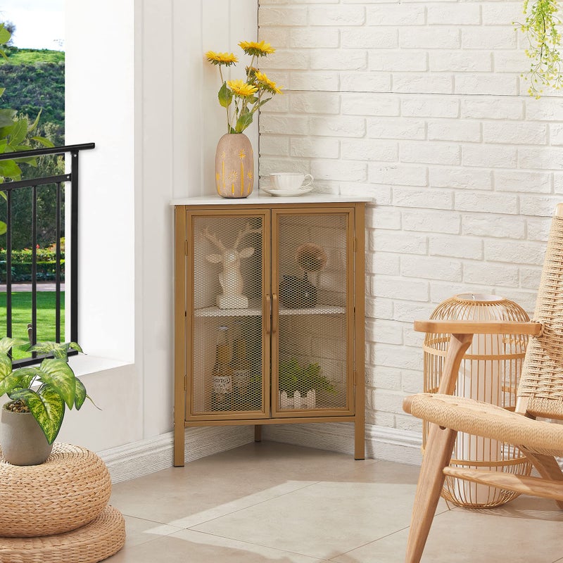 VECELO Corner Cabinet/Table, 3-Tier Display Shelves with Protection Door, Metal Frame Storage Shelf Organizer for Small Space, Living Room, Kitchen, Bathroom - Image 2