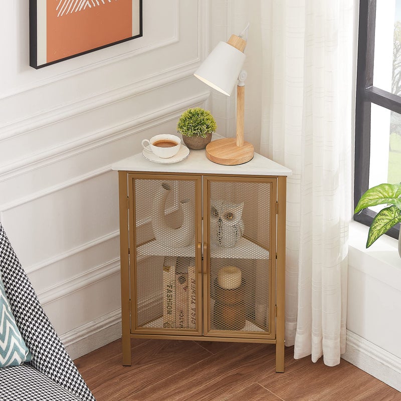 VECELO Corner Cabinet/Table, 3-Tier Display Shelves with Protection Door, Metal Frame Storage Shelf Organizer for Small Space, Living Room, Kitchen, Bathroom - Image 3