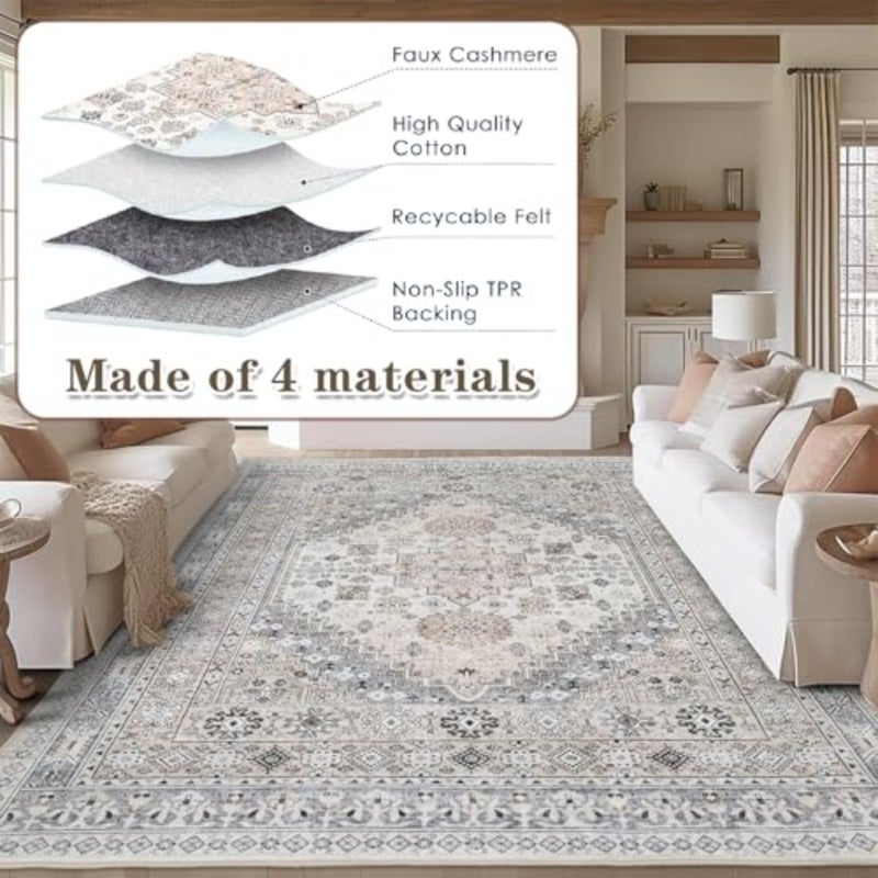 Boho Area Rugs, Large Washable Area Rug, No Slip Thin Rugs Carpet, Bohemian Vintage Carpet Outdoor Rugs for Living Room Bedroom Office Aesthetic Decor Grey, 140 x 200 cm (Rectangular ) - Image 5