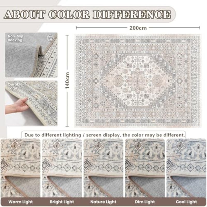 Boho Area Rugs, Large Washable Area Rug, No Slip Thin Rugs Carpet, Bohemian Vintage Carpet Outdoor Rugs for Living Room Bedroom Office Aesthetic Decor Grey, 140 x 200 cm (Rectangular ) - Image 2