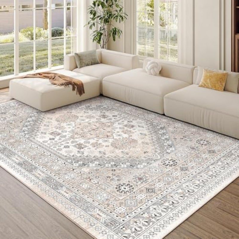 Boho Area Rugs, Large Washable Area Rug, No Slip Thin Rugs Carpet, Bohemian Vintage Carpet Outdoor Rugs for Living Room Bedroom Office Aesthetic Decor Grey, 140 x 200 cm (Rectangular ) - Image 1