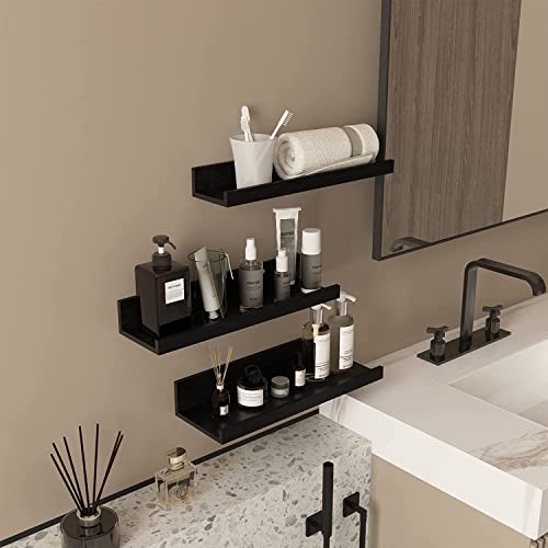 UHUD CRAFTS Floating Engineered Wood Wall Shelf, Wall Mounted Storage Shelf for Home Decoration Items Set of 3 for Living Room, Office, Bedroom, Bathroom for Showcase Decor Items - Black - Image 3