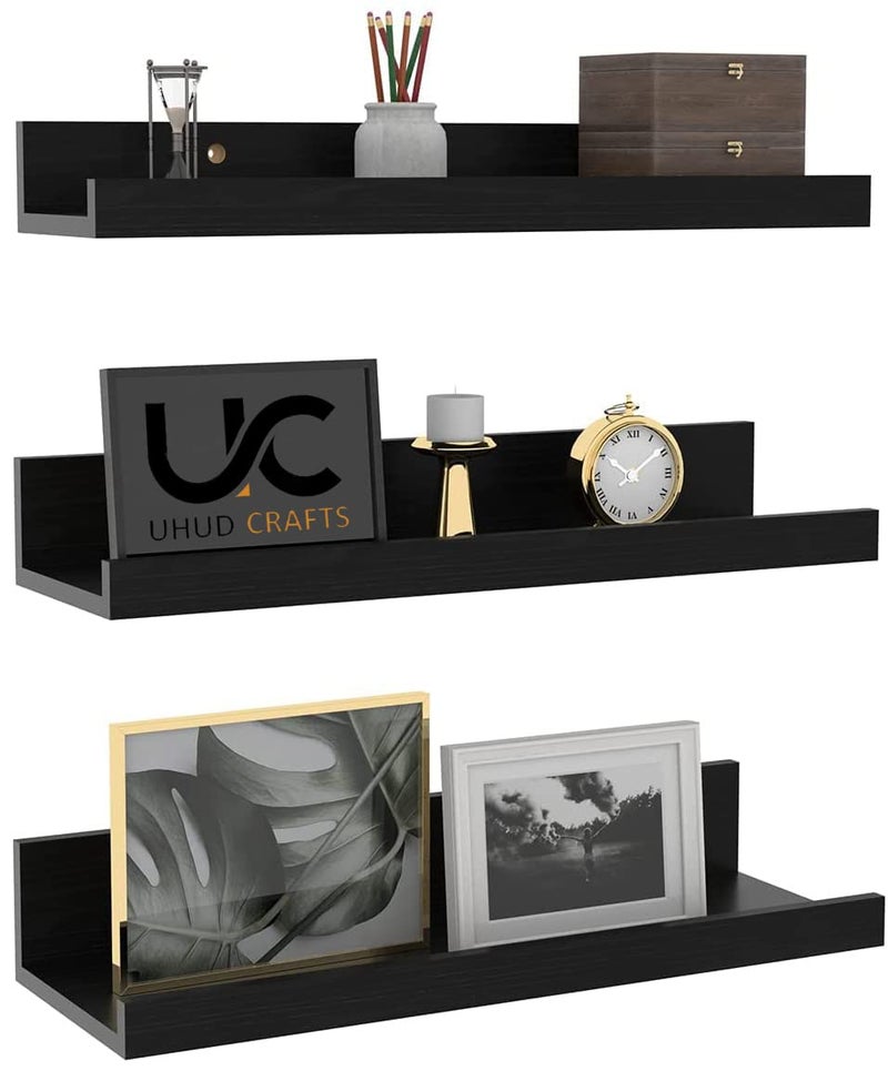 UHUD CRAFTS Floating Engineered Wood Wall Shelf, Wall Mounted Storage Shelf for Home Decoration Items Set of 3 for Living Room, Office, Bedroom, Bathroom for Showcase Decor Items - Black - Image 1