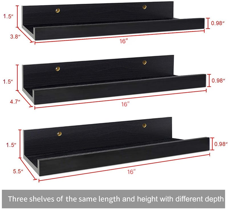 UHUD CRAFTS Floating Engineered Wood Wall Shelf, Wall Mounted Storage Shelf for Home Decoration Items Set of 3 for Living Room, Office, Bedroom, Bathroom for Showcase Decor Items - Black - Image 5
