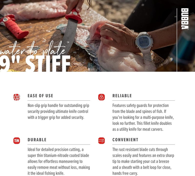 Bubba 9 Inch Stiff Fillet Knife with Non-Slip Grip Handle, Full Tang Beveled Sushi Style Stainless Steel Non-Stick Thick Blade, Lanyard Hole and Synthetic Sheath for Fishing, Hunting and Cooking - Image 4