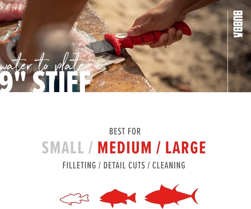 Bubba 9 Inch Stiff Fillet Knife with Non-Slip Grip Handle, Full Tang Beveled Sushi Style Stainless Steel Non-Stick Thick Blade, Lanyard Hole and Synthetic Sheath for Fishing, Hunting and Cooking - Image 5