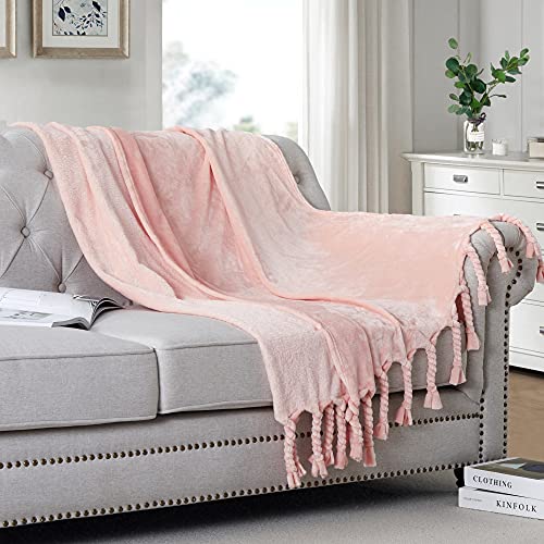Homiest Fleece Throw Blanket with Fringe Soft  Cozy Flannel Light Pink Blanket Lightweight Decorative Blanket for Sofa Bed Chair All Season Blush Pink 50 x 60 Inch