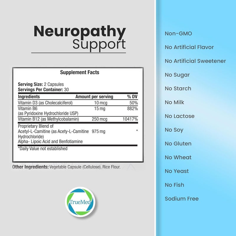 TRUEMED Neuropathy Support Neuro and Nerve Health Supplement with Vitamin D3 B6 B12 AcetylLCarnitine AlphaLipoic Acid and Benfotiamine Supports Feet Nerve Function 60 Vegetable Capsules - Image 3
