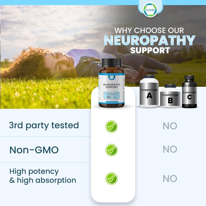 TRUEMED Neuropathy Support Neuro and Nerve Health Supplement with Vitamin D3 B6 B12 AcetylLCarnitine AlphaLipoic Acid and Benfotiamine Supports Feet Nerve Function 60 Vegetable Capsules - Image 4