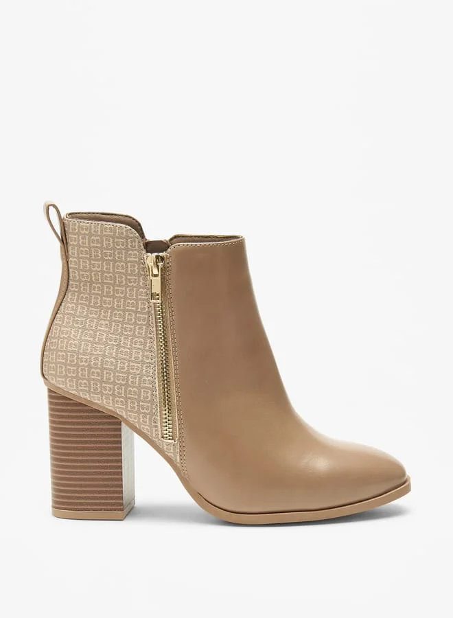 Flora Bella By Shoexpress Women's Logo Detail Ankle Boots with Block Heels and Zip Closure
