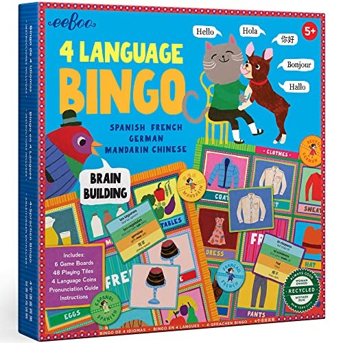 eeBoo 4 Language Bingo Game for Kids Ages 5 Spanish French German Mandarin Chinese Learning Game That Builds Vocabulary Communication - Image 1