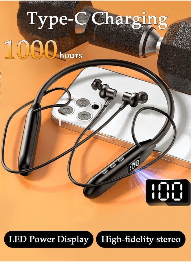 Generic Wireless Bluetooth 5.3 Headphones Neckband Headset With Retractable Earbuds Noise Cancelling Stereo Sweatproof Earphones With Mic For Gym Running Office  - Image 1