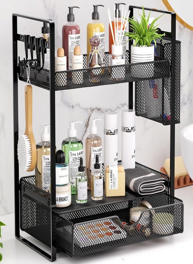 VITVITI 2 Tier Bathroom Organizer Countertop with Drawer, Metal Mesh Bathroom Counter Vanity Organizer Storage, Bath Room Shelf Sink Kitchen Spice Rack with Basket Hooks, Black - Image 1