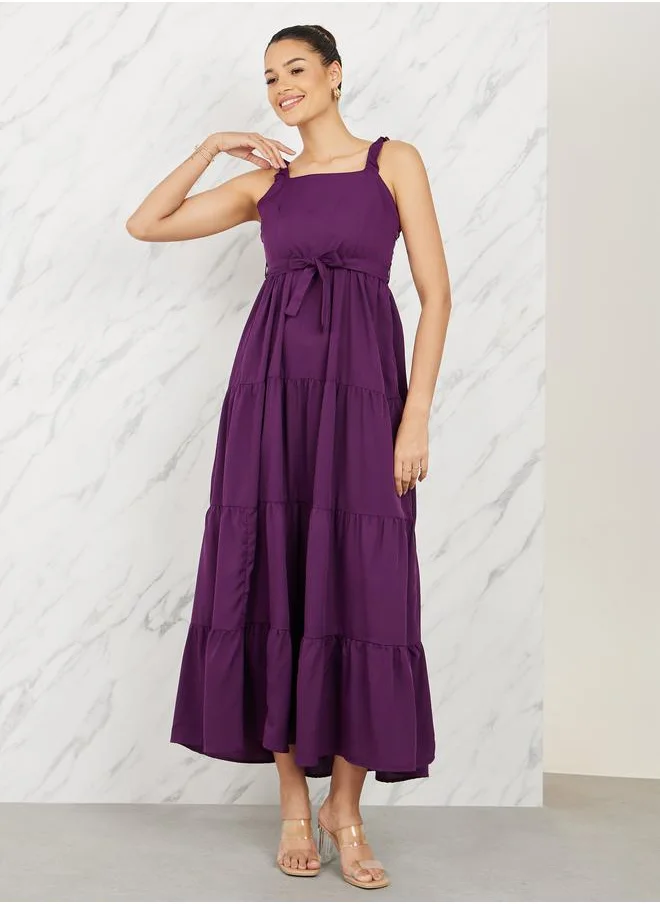 Styli Solid Strappy Tiered Maxi Dress with Self Tie Up