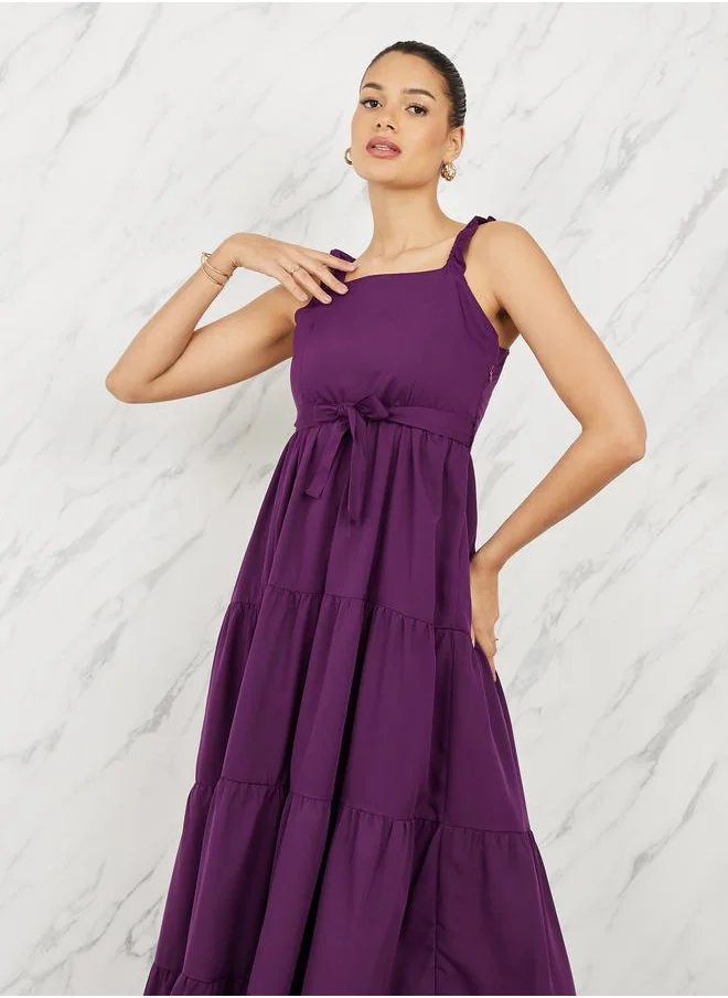 Styli Solid Strappy Tiered Maxi Dress with Self Tie Up