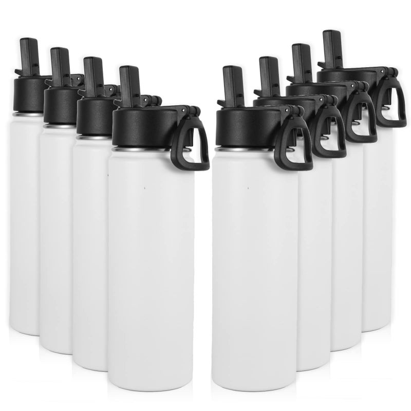 Volhoply Insulated Water Bottles with Straw Bulk 8 PackNot Suitable for Sublimation 22 oz Stainless Steel Sports Bottle with Handle LidMetal Travel Water Cups with Wide MouthWhite8 Set